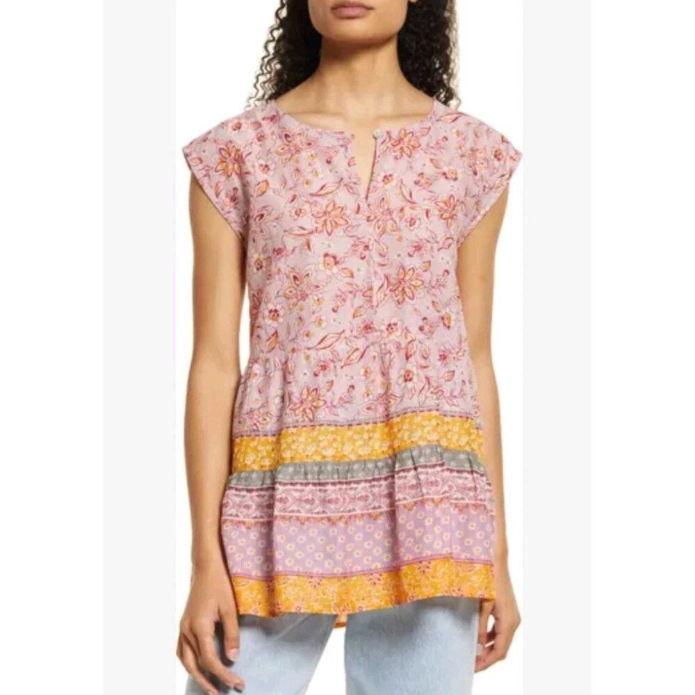 Beachlunchlounge Pink Orange Indian PrintJessa Blouse. Size XS.